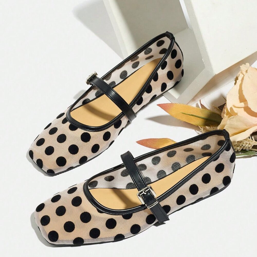 Apricot Casual Women's Plus Size Square Toe Polka Dot Mary Jane Shoes - Picture 2 of 5